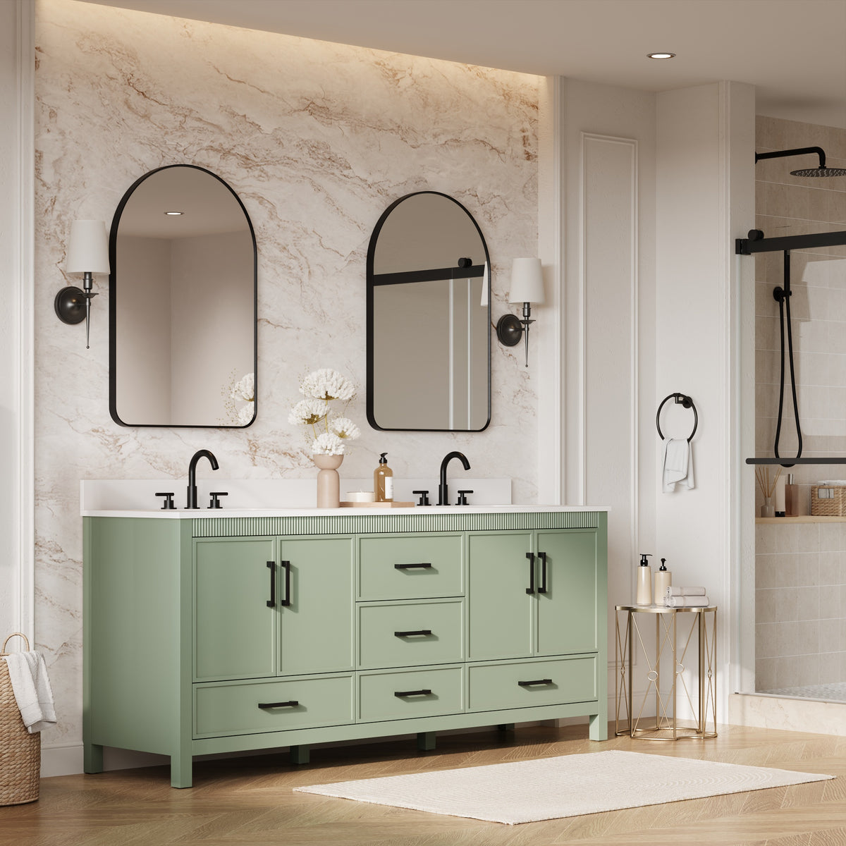 80 Inch Freestanding Solid Wood Bathroom Vanity with Pure White Quartz Countertop, 4 Soft-Close Doors & 5 Dovetail Drawers, SAGE GREEN