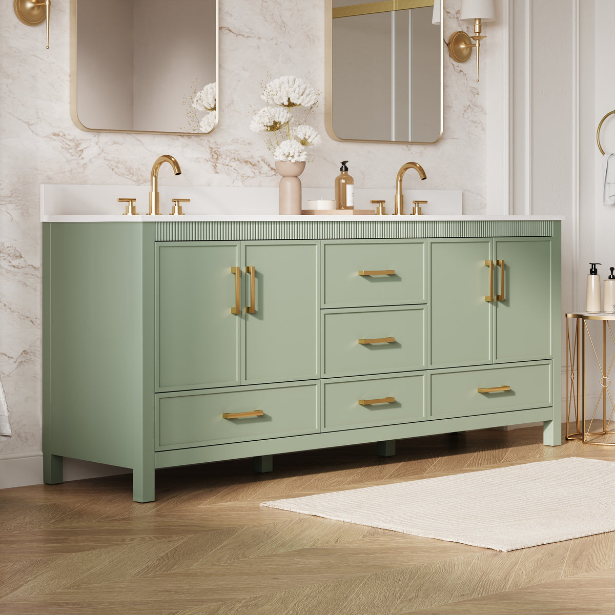 80 Inch Freestanding Solid Wood Bathroom Vanity with Pure White Quartz Countertop, 4 Soft-Close Doors & 5 Dovetail Drawers, SAGE GREEN