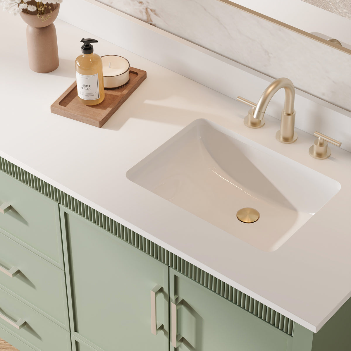 80 Inch Freestanding Solid Wood Bathroom Vanity with Pure White Quartz Countertop, 4 Soft-Close Doors & 5 Dovetail Drawers, SAGE GREEN