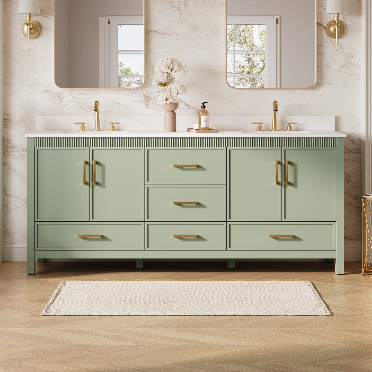 80 Inch Freestanding Solid Wood Bathroom Vanity with Pure White Quartz Countertop, 4 Soft-Close Doors & 5 Dovetail Drawers, SAGE GREEN