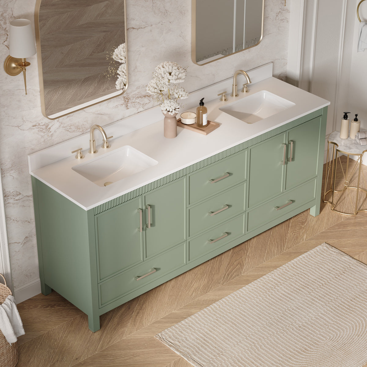 80 Inch Freestanding Solid Wood Bathroom Vanity with Pure White Quartz Countertop, 4 Soft-Close Doors & 5 Dovetail Drawers, SAGE GREEN