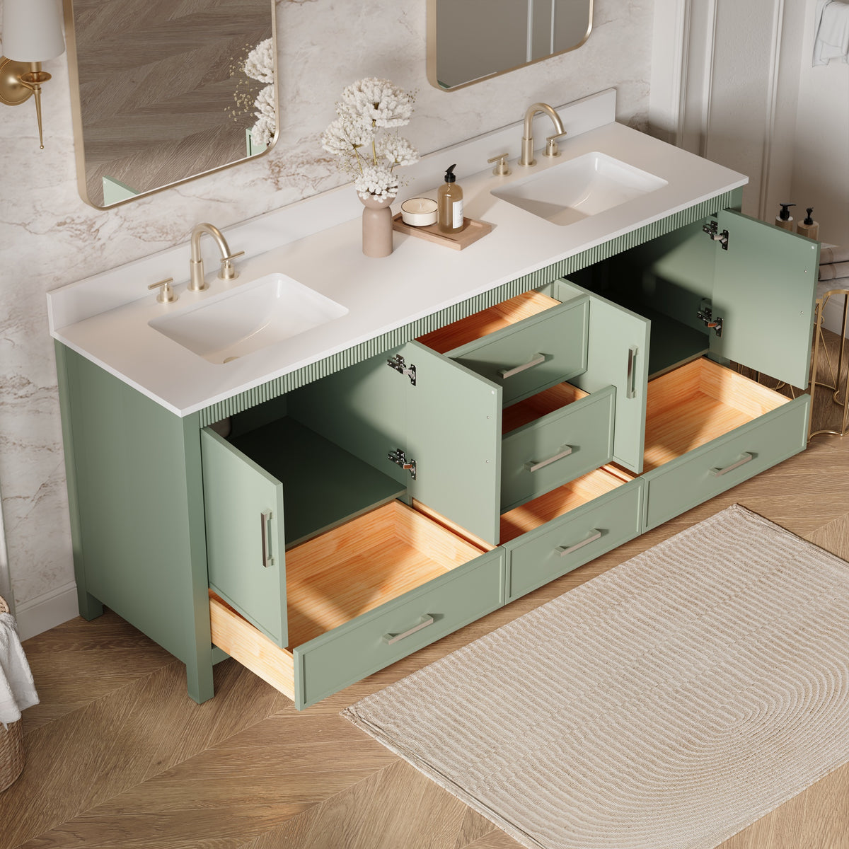 80 Inch Freestanding Solid Wood Bathroom Vanity with Pure White Quartz Countertop, 4 Soft-Close Doors & 5 Dovetail Drawers, SAGE GREEN