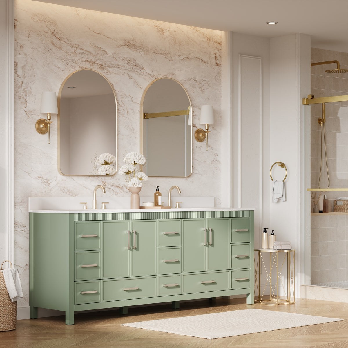 84 Inch Freestanding Solid Wood Bathroom Vanity with Pure White Quartz Countertop, 4 Soft-Close Doors & 11 Dovetail Drawers, SAGE GREEN