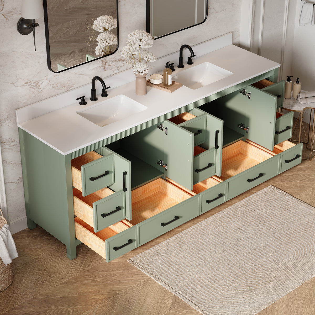84 Inch Freestanding Solid Wood Bathroom Vanity with Pure White Quartz Countertop, 4 Soft-Close Doors & 11 Dovetail Drawers, SAGE GREEN