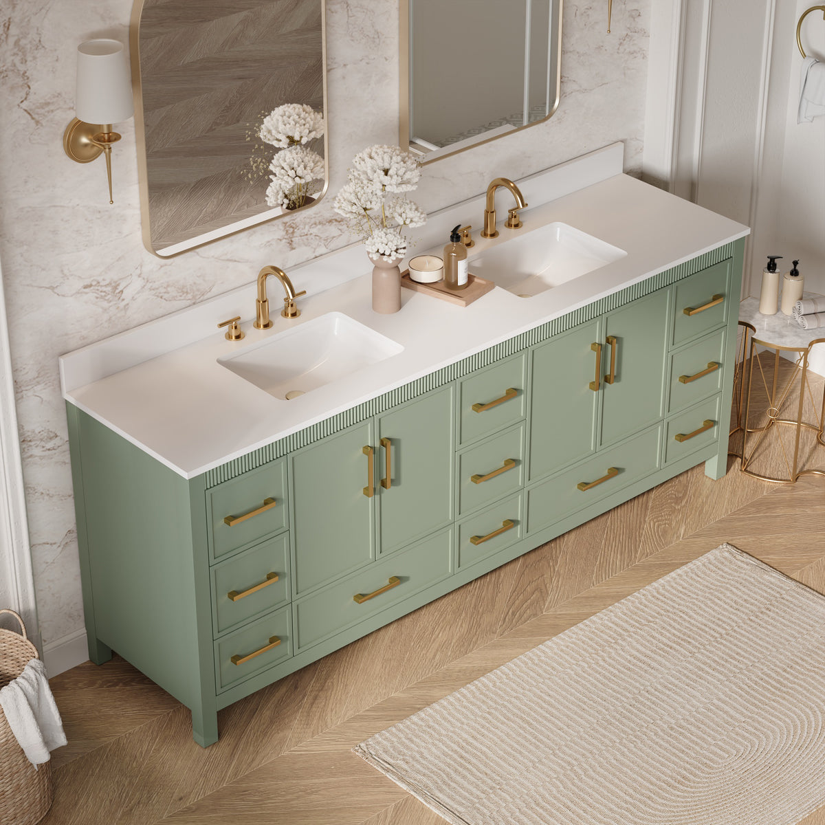84 Inch Freestanding Solid Wood Bathroom Vanity with Pure White Quartz Countertop, 4 Soft-Close Doors & 11 Dovetail Drawers, SAGE GREEN