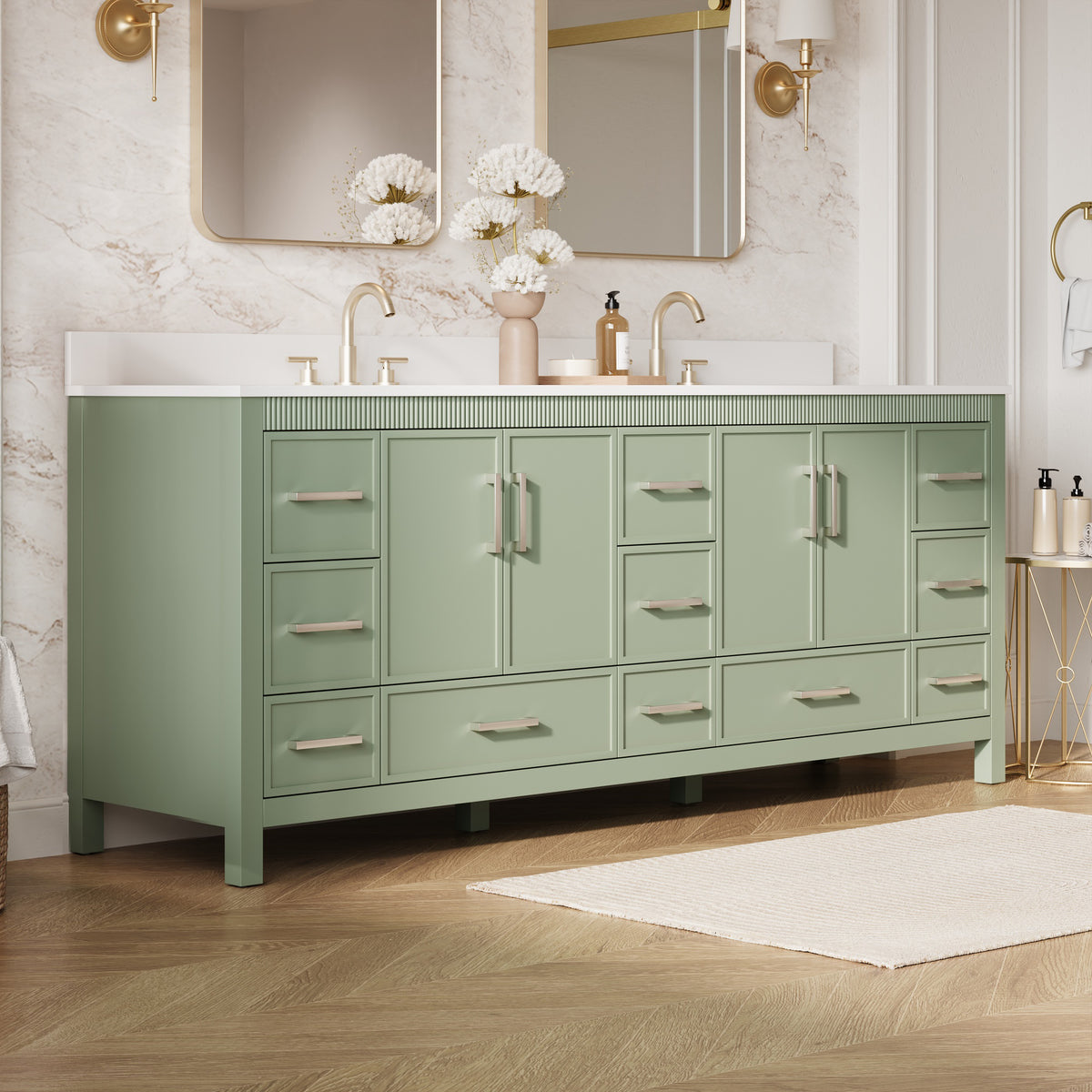 84 Inch Freestanding Solid Wood Bathroom Vanity with Pure White Quartz Countertop, 4 Soft-Close Doors & 11 Dovetail Drawers, SAGE GREEN