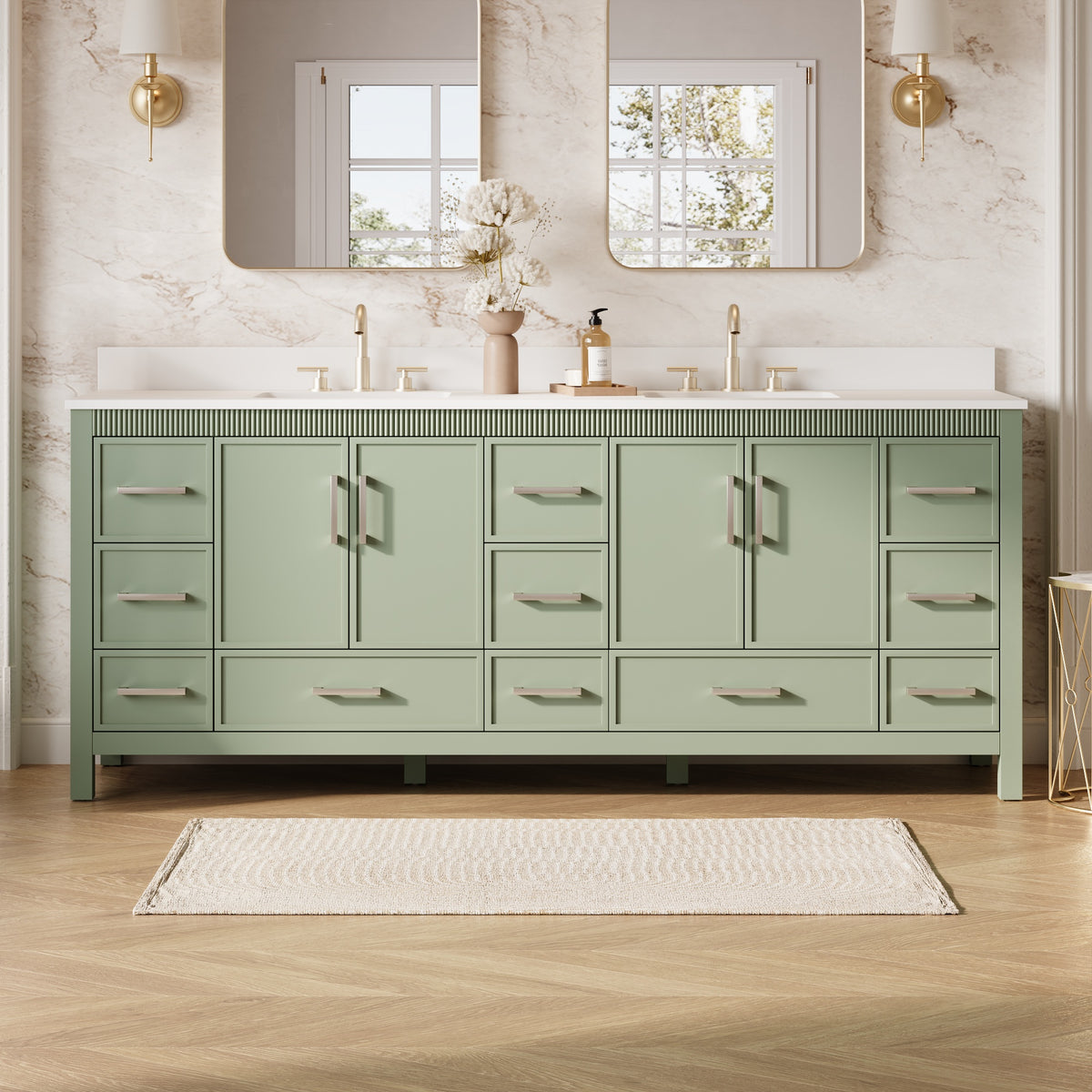 84 Inch Freestanding Solid Wood Bathroom Vanity with Pure White Quartz Countertop, 4 Soft-Close Doors & 11 Dovetail Drawers, SAGE GREEN