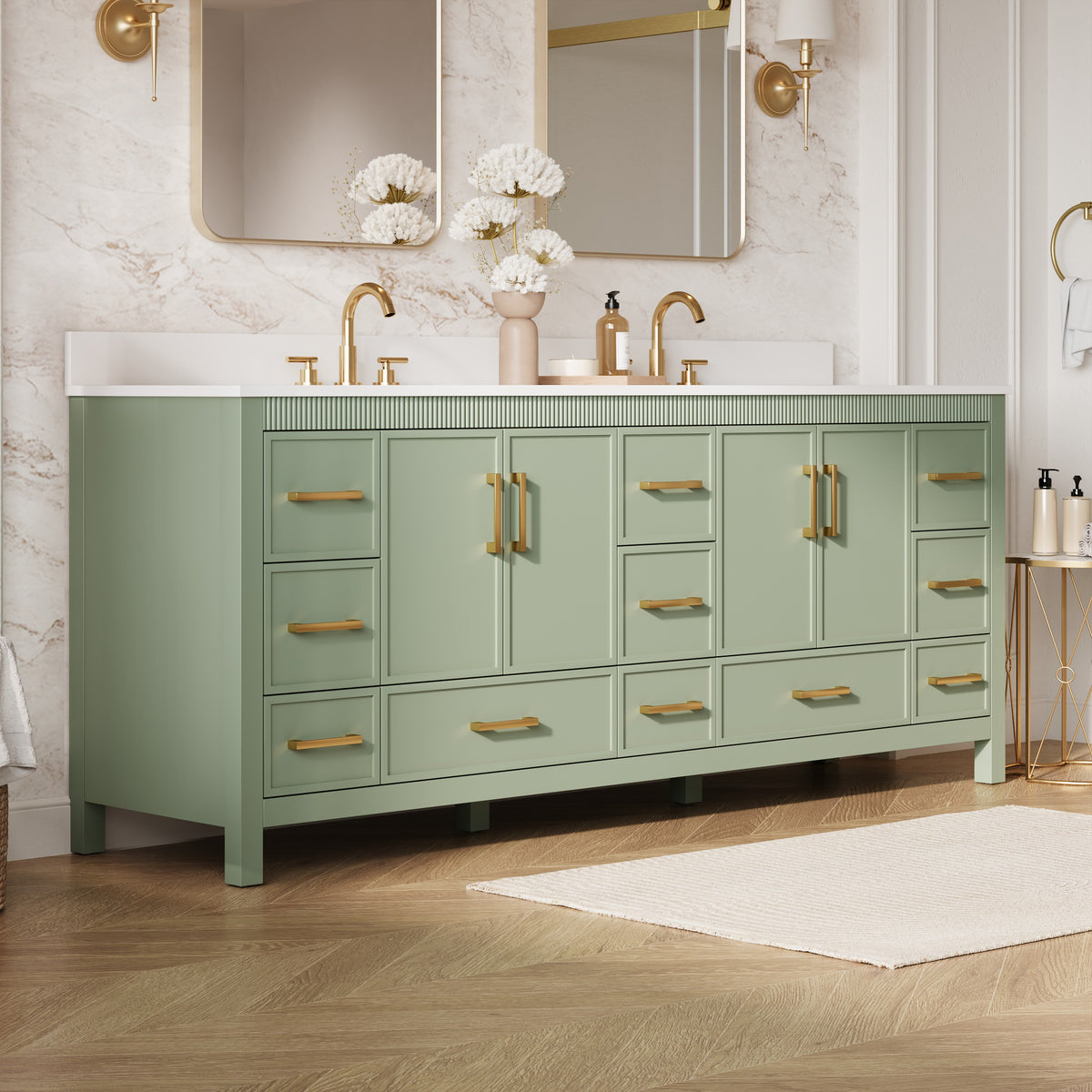 84 Inch Freestanding Solid Wood Bathroom Vanity with Pure White Quartz Countertop, 4 Soft-Close Doors & 11 Dovetail Drawers, SAGE GREEN