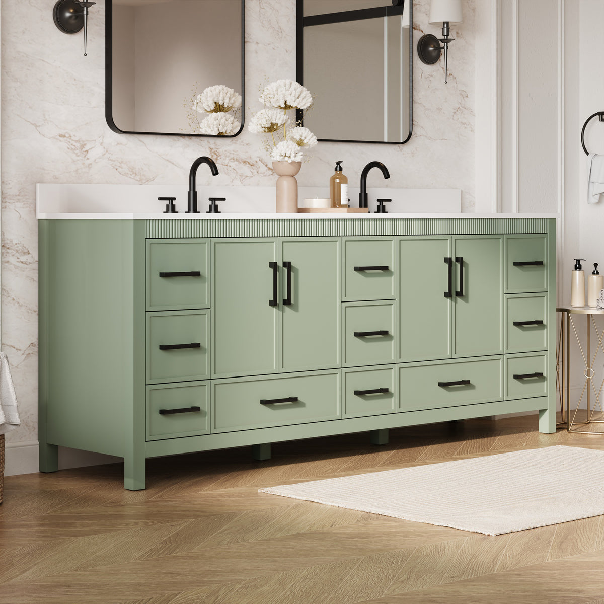 84 Inch Freestanding Solid Wood Bathroom Vanity with Pure White Quartz Countertop, 4 Soft-Close Doors & 11 Dovetail Drawers, SAGE GREEN