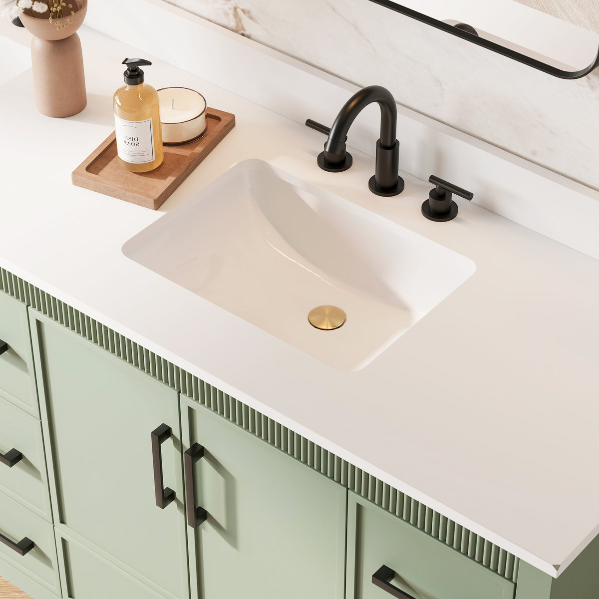 84 Inch Freestanding Solid Wood Bathroom Vanity with Pure White Quartz Countertop, 4 Soft-Close Doors & 11 Dovetail Drawers, SAGE GREEN