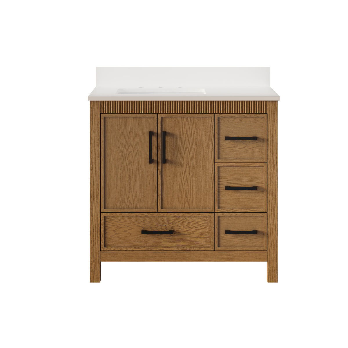 42 Inch Freestanding Solid Wood Bathroom Vanity with Fluted Molding, Pure White Quartz Countertop, Walnut