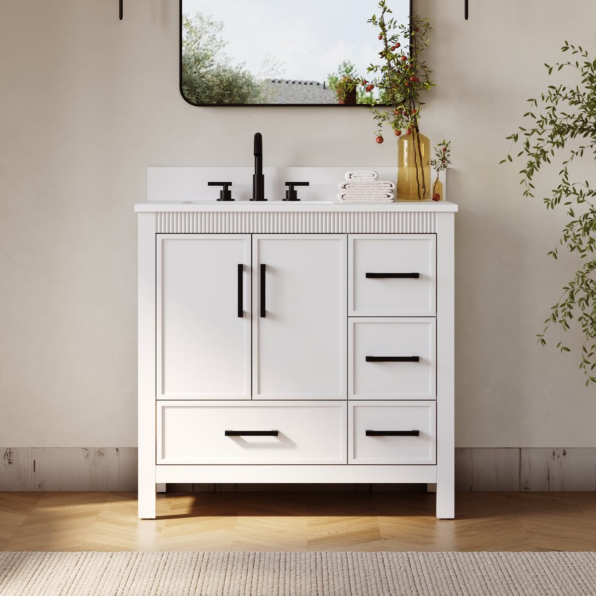36 Inch Freestanding Solid Wood Bathroom Vanity with Fluted Molding, Pure White Quartz Countertop, White