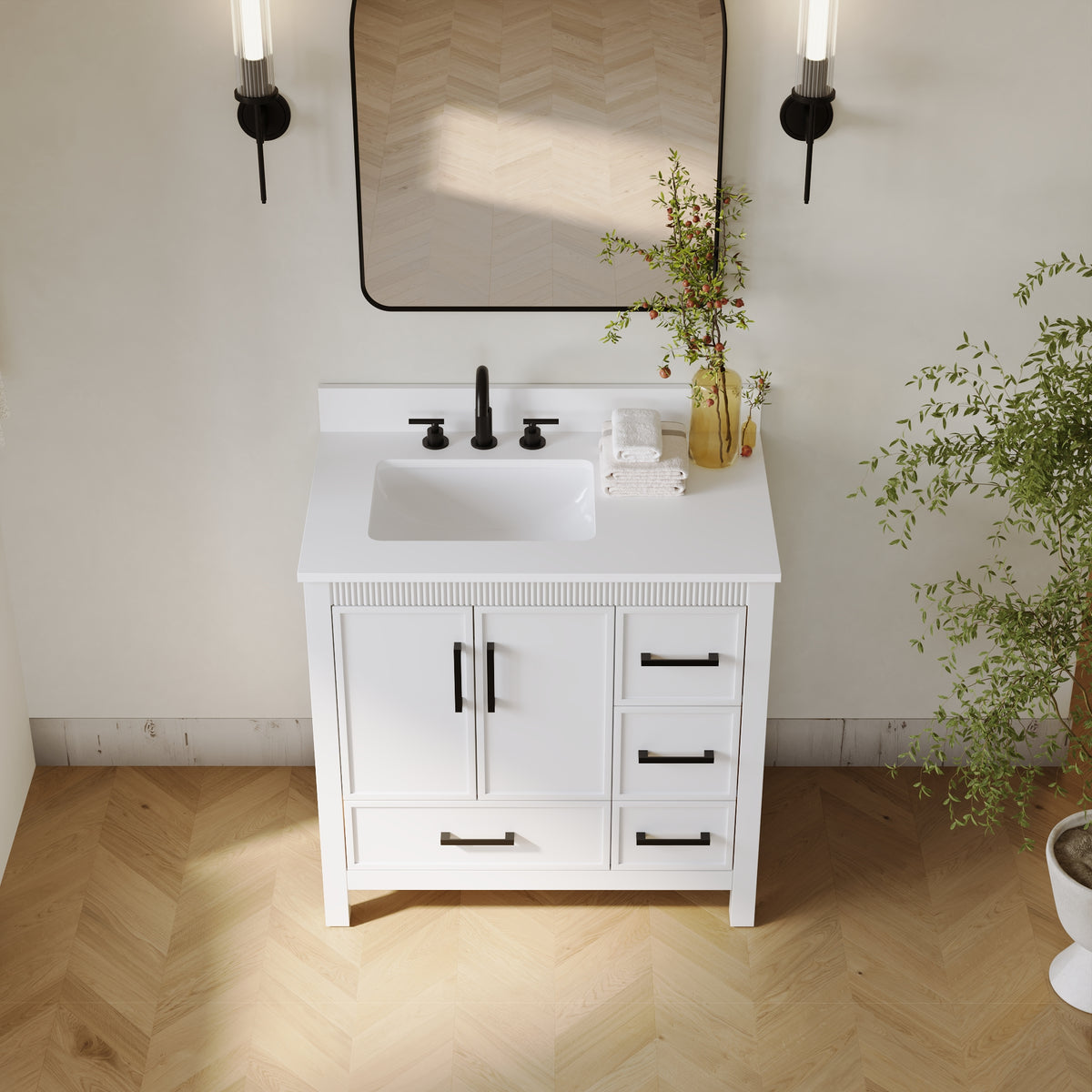 36 Inch Freestanding Solid Wood Bathroom Vanity with Fluted Molding, Pure White Quartz Countertop, White