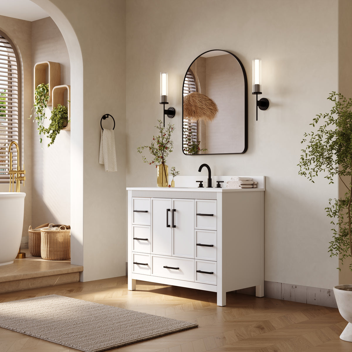 42 Inch Freestanding Solid Wood Bathroom Vanity with Fluted Molding, Pure White Quartz Countertop, White