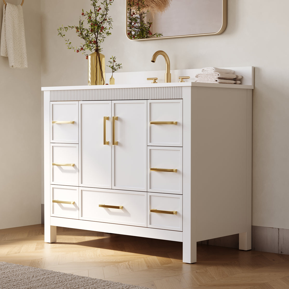 42 Inch Freestanding Solid Wood Bathroom Vanity with Fluted Molding, Pure White Quartz Countertop, White