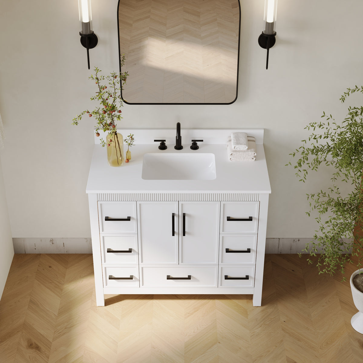 42 Inch Freestanding Solid Wood Bathroom Vanity with Fluted Molding, Pure White Quartz Countertop, White