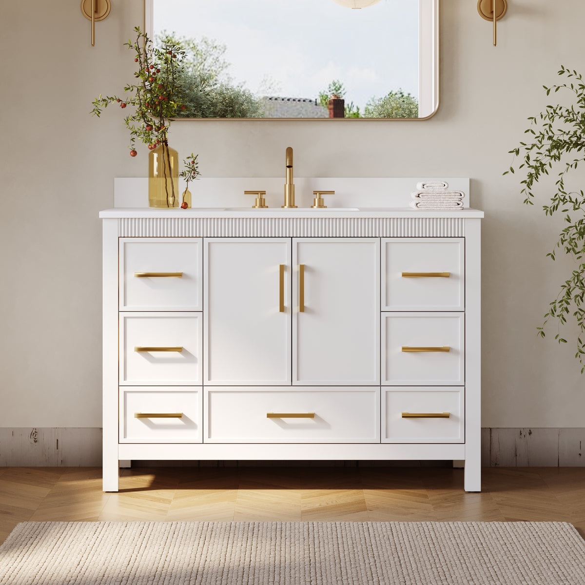 48 Inch Freestanding Solid Wood Bathroom Vanity with Fluted Molding, Pure White Quartz Countertop, White