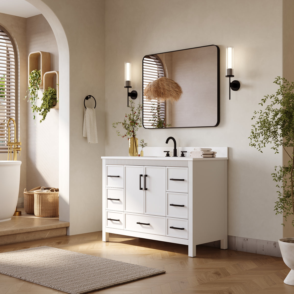 48 Inch Freestanding Solid Wood Bathroom Vanity with Fluted Molding, Pure White Quartz Countertop, White