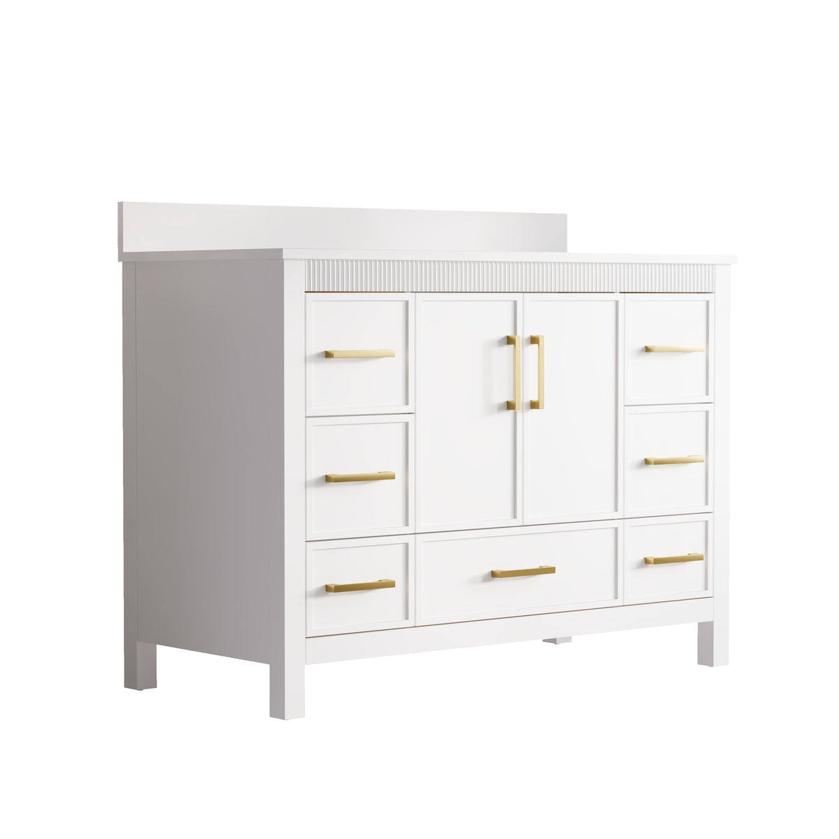 48 Inch Freestanding Solid Wood Bathroom Vanity with Fluted Molding, Pure White Quartz Countertop, White