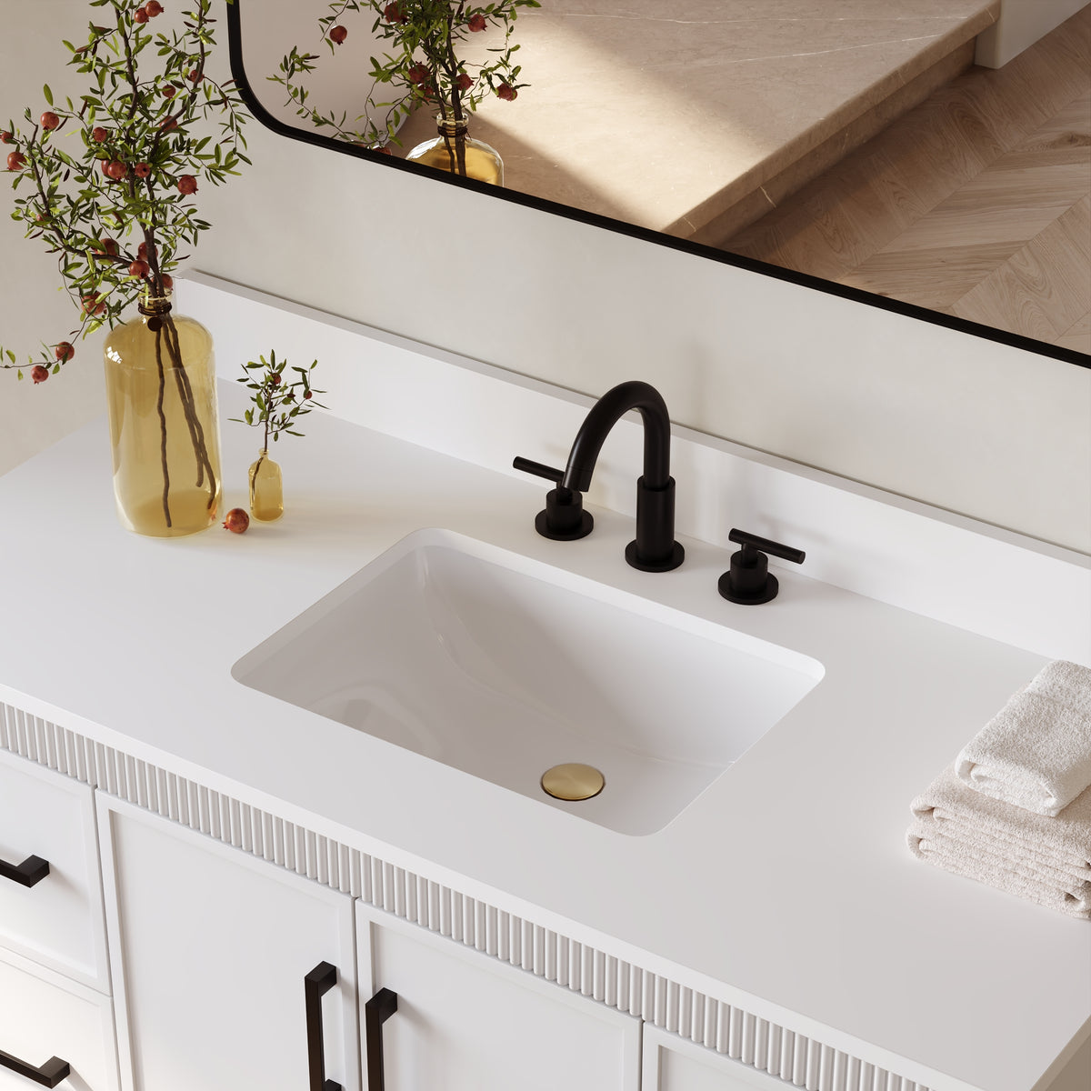 48 Inch Freestanding Solid Wood Bathroom Vanity with Fluted Molding, Pure White Quartz Countertop, White