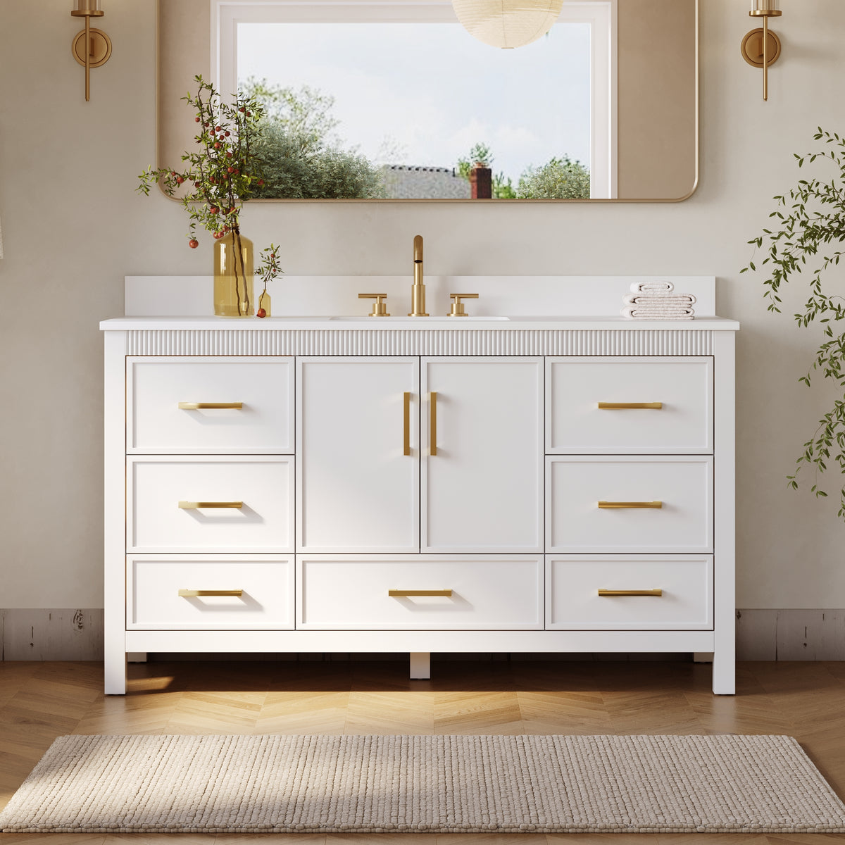 60 Inch Freestanding Solid Wood Bathroom Vanity with Pure White Quartz Countertop, 2 Soft-Close Doors & 7 Dovetail Drawers, White