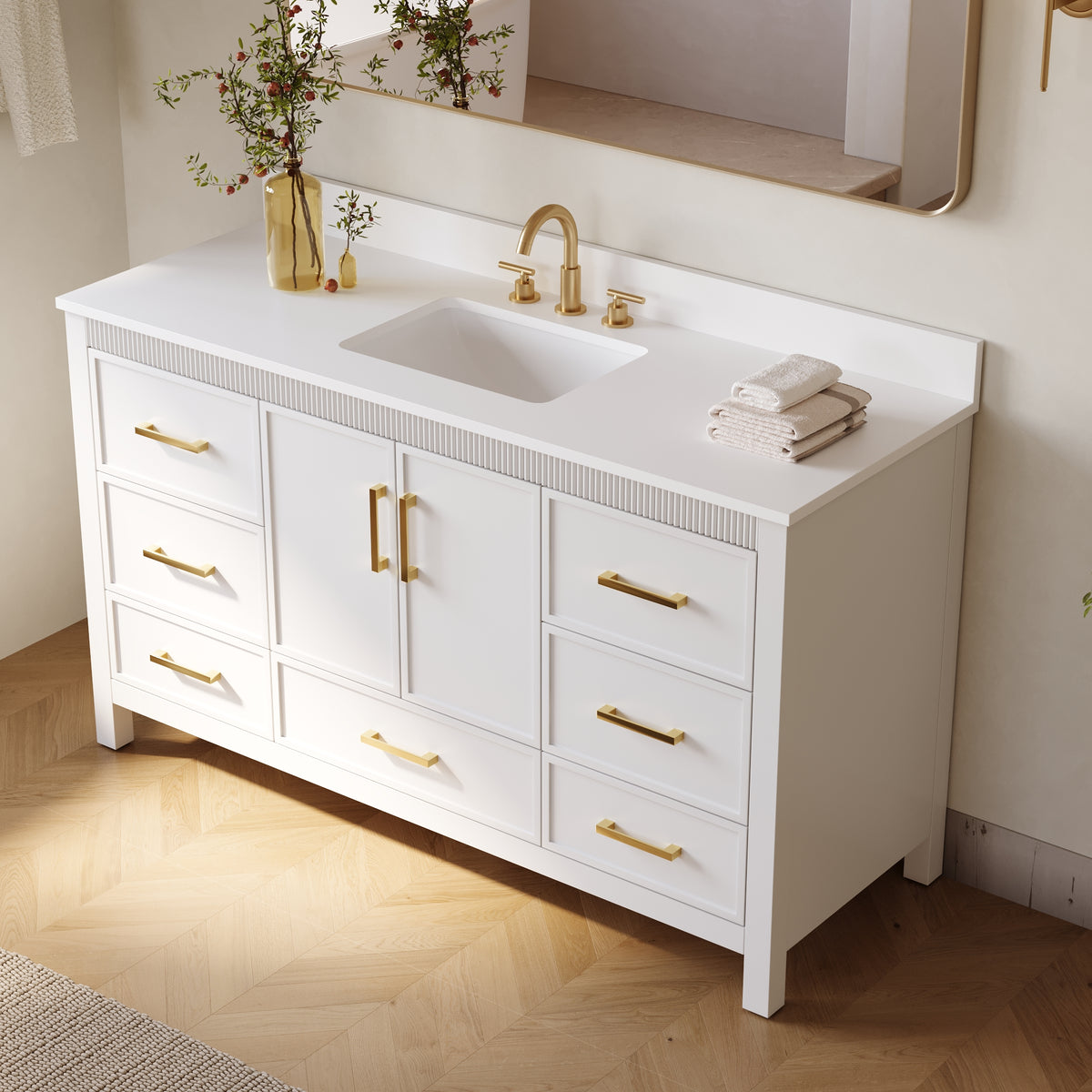60 Inch Freestanding Solid Wood Bathroom Vanity with Pure White Quartz Countertop, 2 Soft-Close Doors & 7 Dovetail Drawers, White