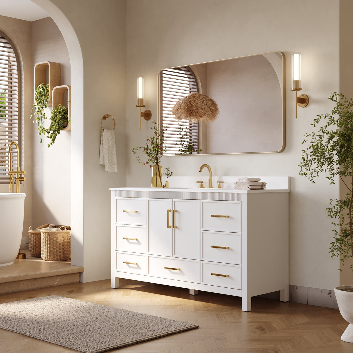 60 Inch Freestanding Solid Wood Bathroom Vanity with Pure White Quartz Countertop, 2 Soft-Close Doors & 7 Dovetail Drawers, White