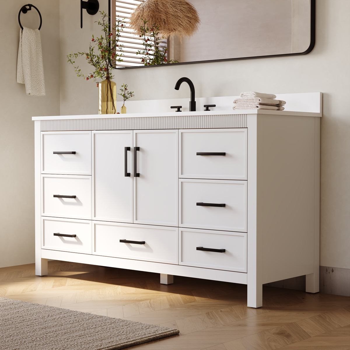 60 Inch Freestanding Solid Wood Bathroom Vanity with Pure White Quartz Countertop, 2 Soft-Close Doors & 7 Dovetail Drawers, White