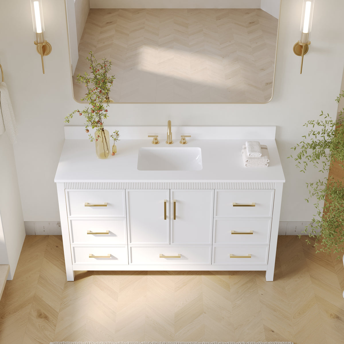 60 Inch Freestanding Solid Wood Bathroom Vanity with Pure White Quartz Countertop, 2 Soft-Close Doors & 7 Dovetail Drawers, White