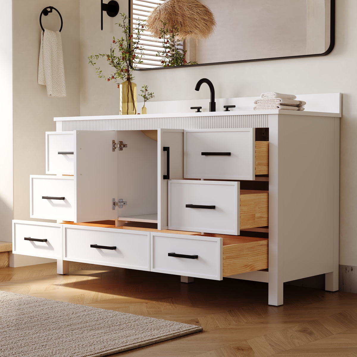 60 Inch Freestanding Solid Wood Bathroom Vanity with Pure White Quartz Countertop, 2 Soft-Close Doors & 7 Dovetail Drawers, White