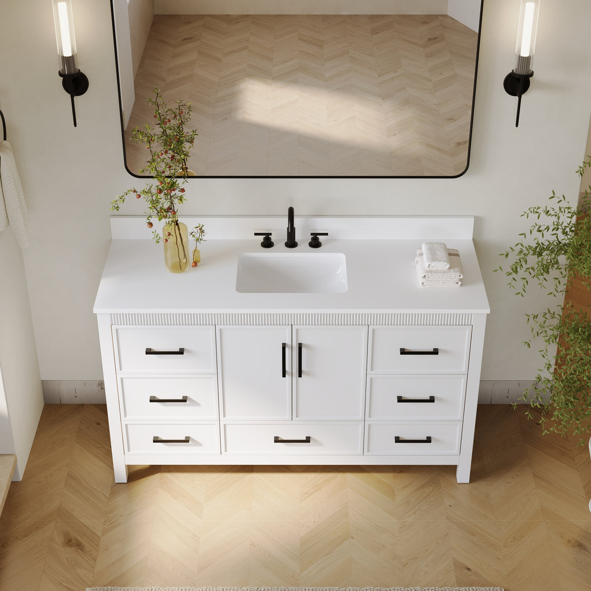 60 Inch Freestanding Solid Wood Bathroom Vanity with Pure White Quartz Countertop, 2 Soft-Close Doors & 7 Dovetail Drawers, White