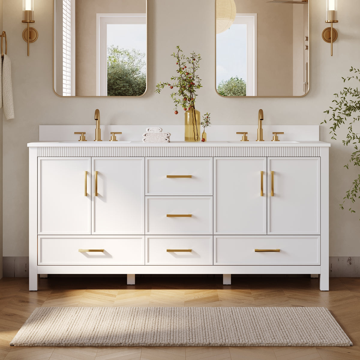 72 Inch Freestanding Solid Wood Bathroom Vanity with Pure White Quartz Countertop, 4 Soft-Close Doors & 5 Dovetail Drawers, White