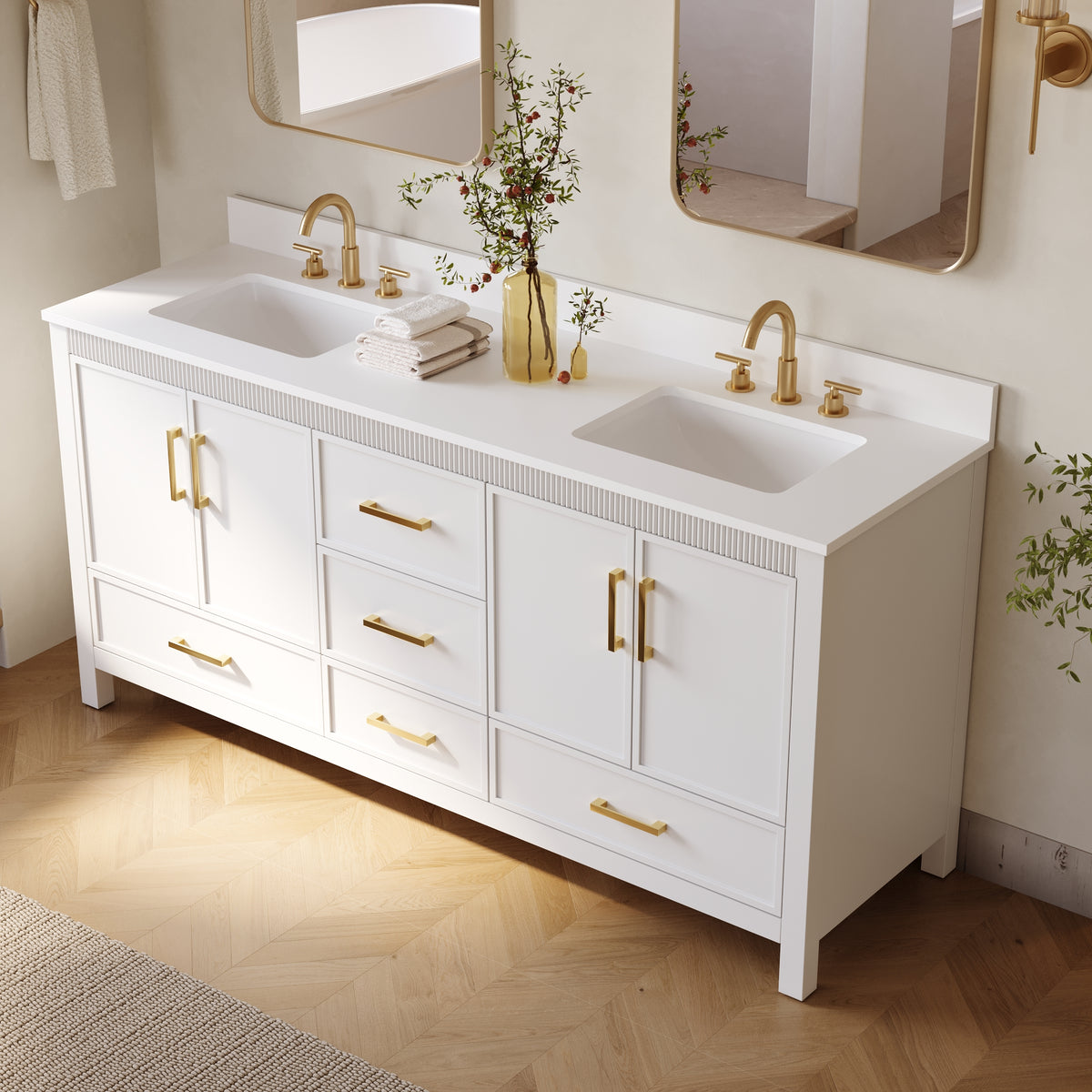 72 Inch Freestanding Solid Wood Bathroom Vanity with Pure White Quartz Countertop, 4 Soft-Close Doors & 5 Dovetail Drawers, White