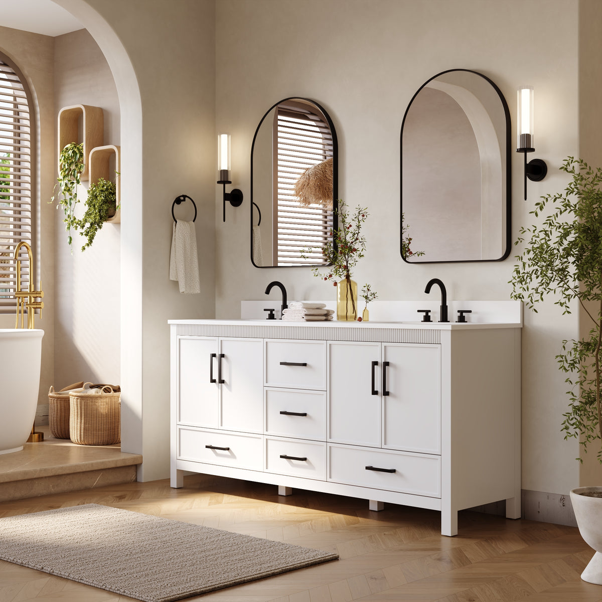 72 Inch Freestanding Solid Wood Bathroom Vanity with Pure White Quartz Countertop, 4 Soft-Close Doors & 5 Dovetail Drawers, White