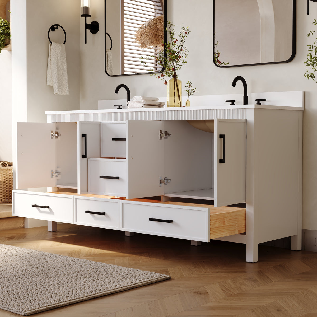 72 Inch Freestanding Solid Wood Bathroom Vanity with Pure White Quartz Countertop, 4 Soft-Close Doors & 5 Dovetail Drawers, White