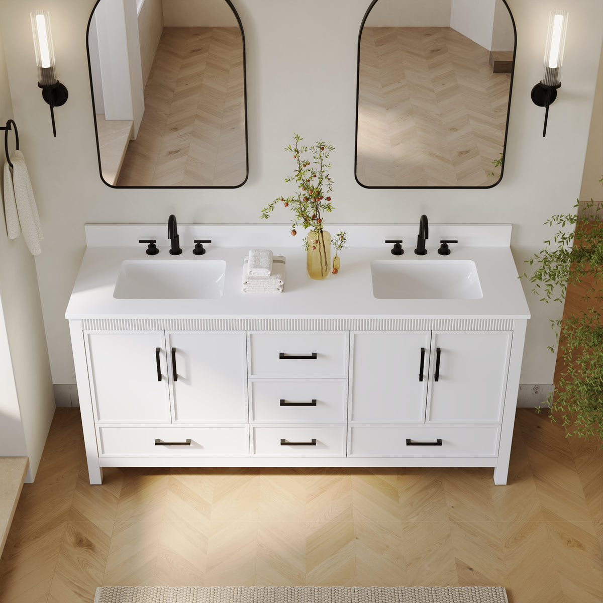 72 Inch Freestanding Solid Wood Bathroom Vanity with Pure White Quartz Countertop, 4 Soft-Close Doors & 5 Dovetail Drawers, White