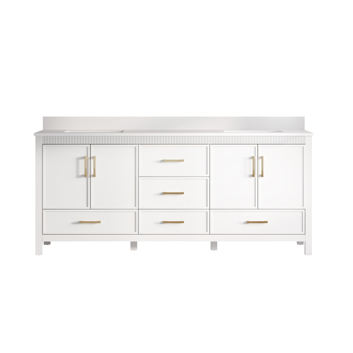 80 Inch Freestanding Solid Wood Bathroom Vanity with Pure White Quartz Countertop, 4 Soft-Close Doors & 5 Dovetail Drawers, White