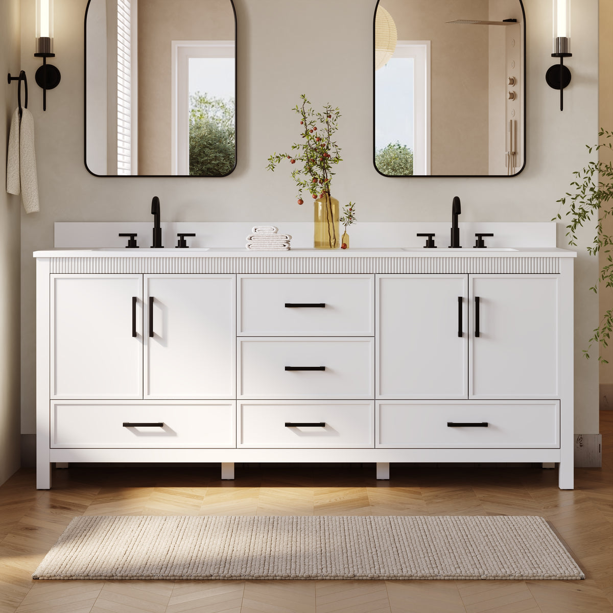 80 Inch Freestanding Solid Wood Bathroom Vanity with Pure White Quartz Countertop, 4 Soft-Close Doors & 5 Dovetail Drawers, White