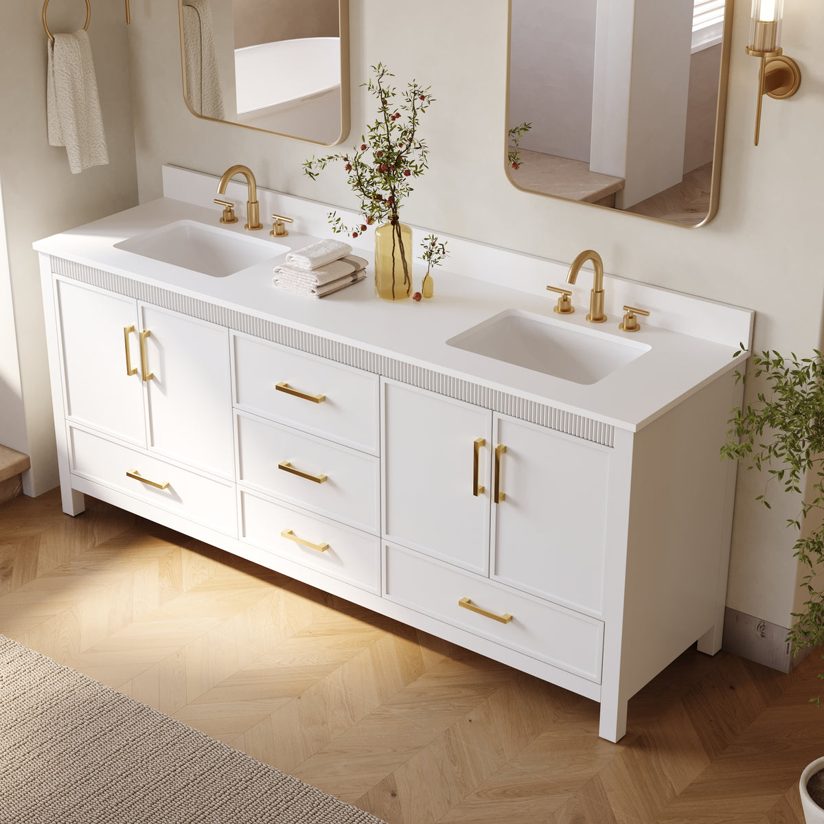80 Inch Freestanding Solid Wood Bathroom Vanity with Pure White Quartz Countertop, 4 Soft-Close Doors & 5 Dovetail Drawers, White