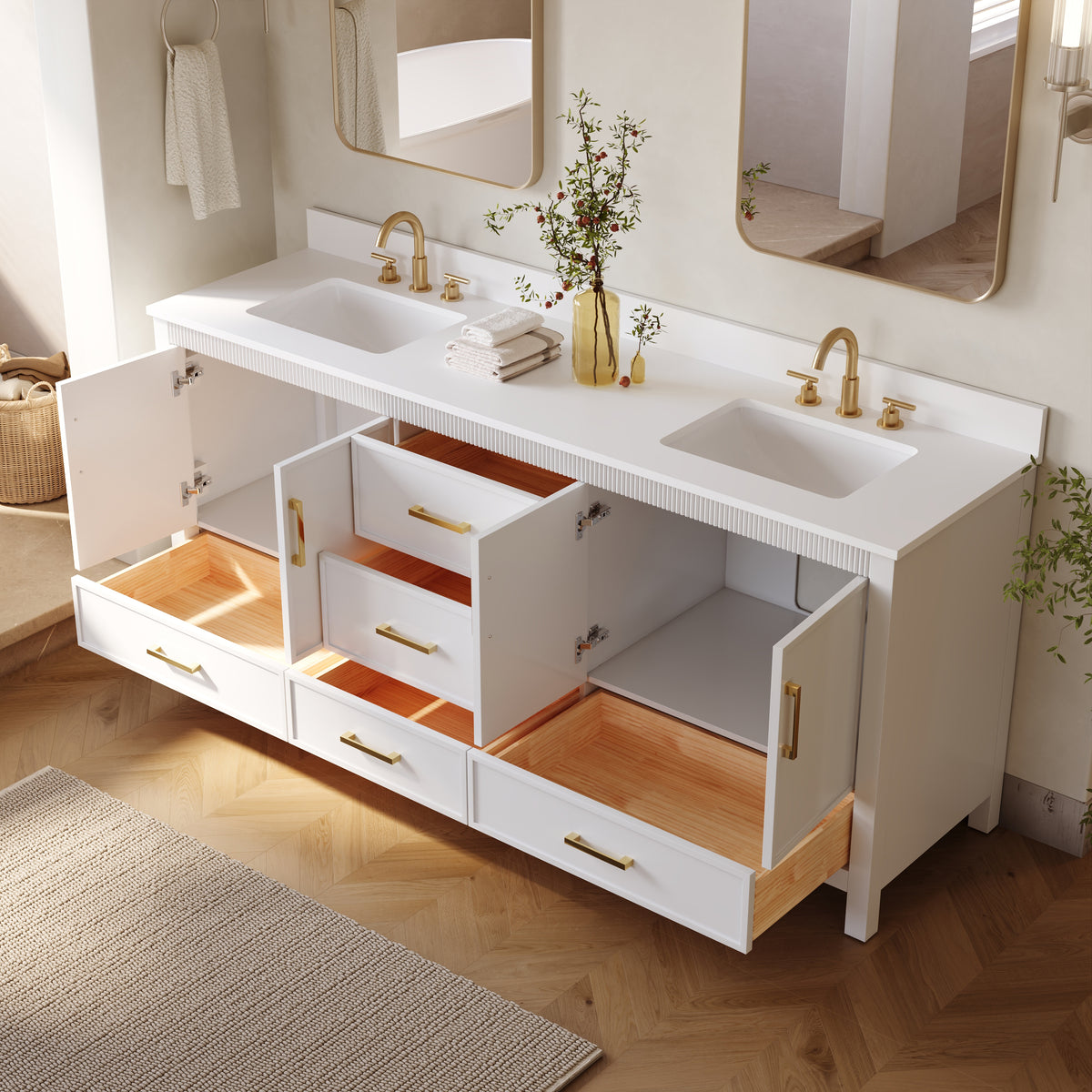 80 Inch Freestanding Solid Wood Bathroom Vanity with Pure White Quartz Countertop, 4 Soft-Close Doors & 5 Dovetail Drawers, White