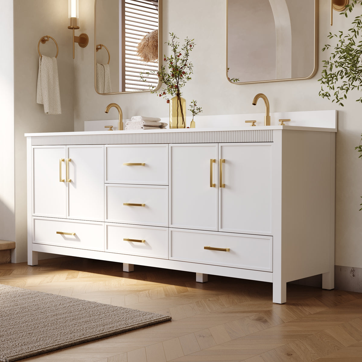 80 Inch Freestanding Solid Wood Bathroom Vanity with Pure White Quartz Countertop, 4 Soft-Close Doors & 5 Dovetail Drawers, White