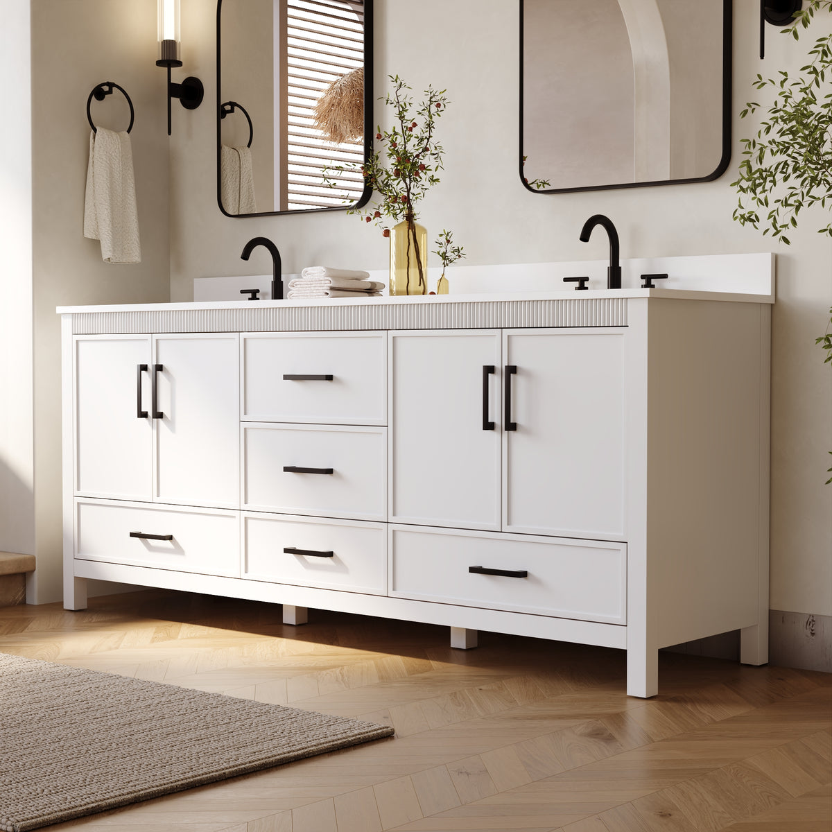 80 Inch Freestanding Solid Wood Bathroom Vanity with Pure White Quartz Countertop, 4 Soft-Close Doors & 5 Dovetail Drawers, White