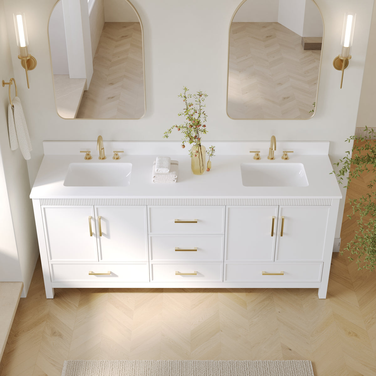 80 Inch Freestanding Solid Wood Bathroom Vanity with Pure White Quartz Countertop, 4 Soft-Close Doors & 5 Dovetail Drawers, White