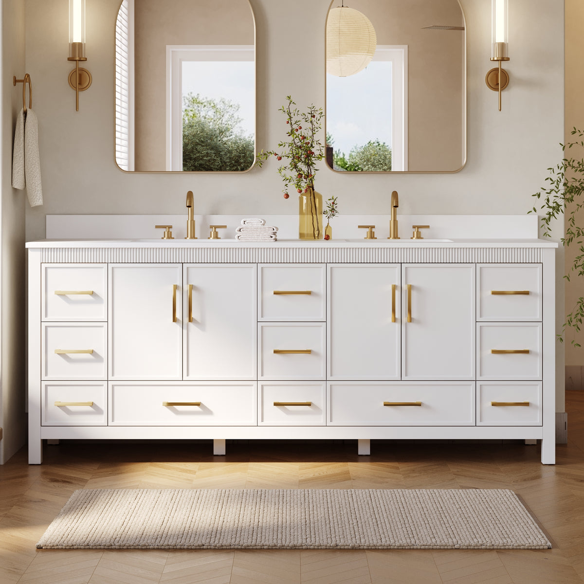 84 Inch Freestanding Solid Wood Bathroom Vanity with Pure White Quartz Countertop, 4 Soft-Close Doors & 11 Dovetail Drawers, White