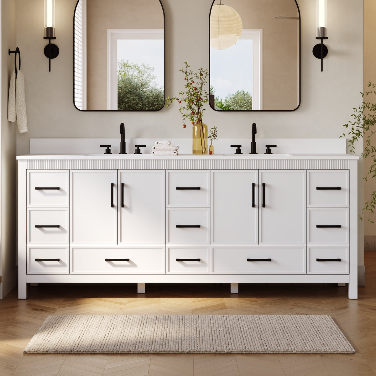 84 Inch Freestanding Solid Wood Bathroom Vanity with Pure White Quartz Countertop, 4 Soft-Close Doors & 11 Dovetail Drawers, White