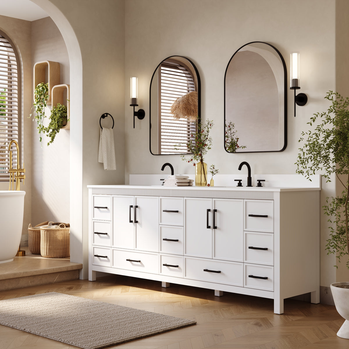 84 Inch Freestanding Solid Wood Bathroom Vanity with Pure White Quartz Countertop, 4 Soft-Close Doors & 11 Dovetail Drawers, White