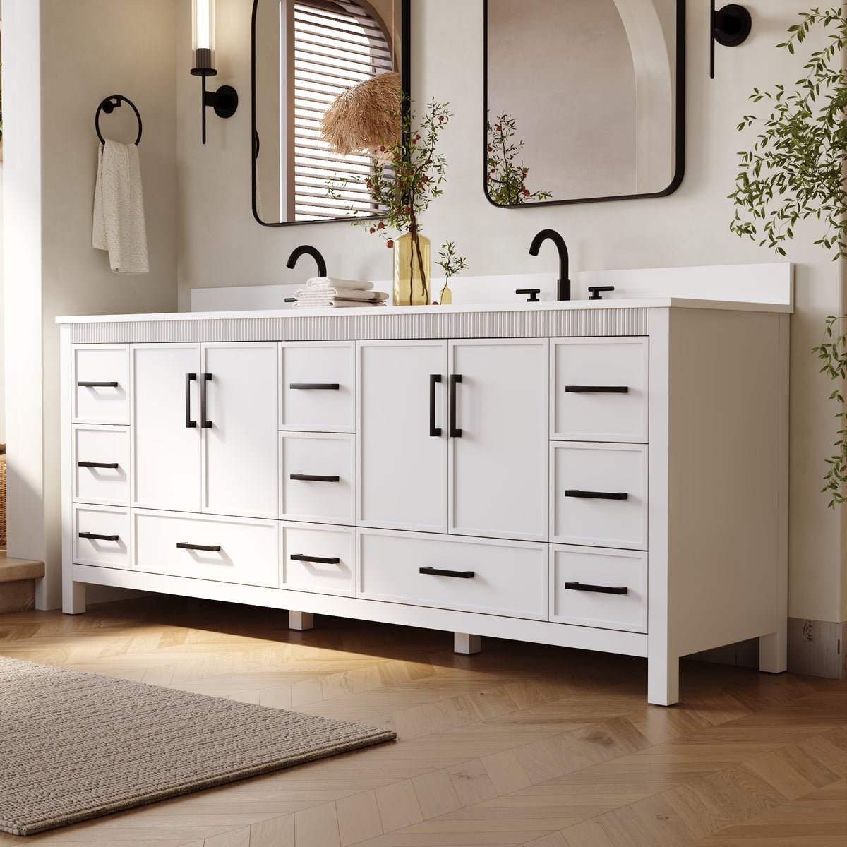 84 Inch Freestanding Solid Wood Bathroom Vanity with Pure White Quartz Countertop, 4 Soft-Close Doors & 11 Dovetail Drawers, White