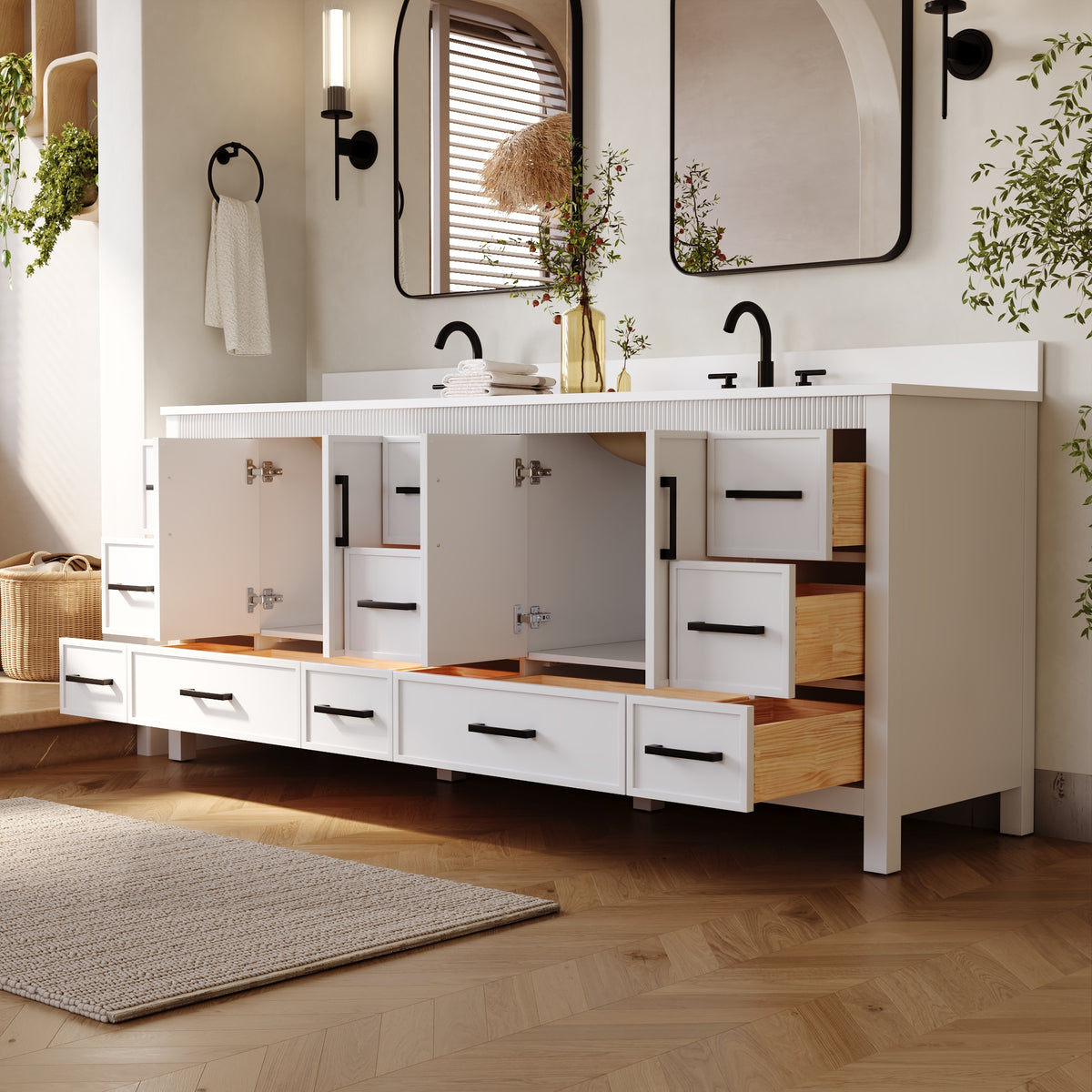 84 Inch Freestanding Solid Wood Bathroom Vanity with Pure White Quartz Countertop, 4 Soft-Close Doors & 11 Dovetail Drawers, White