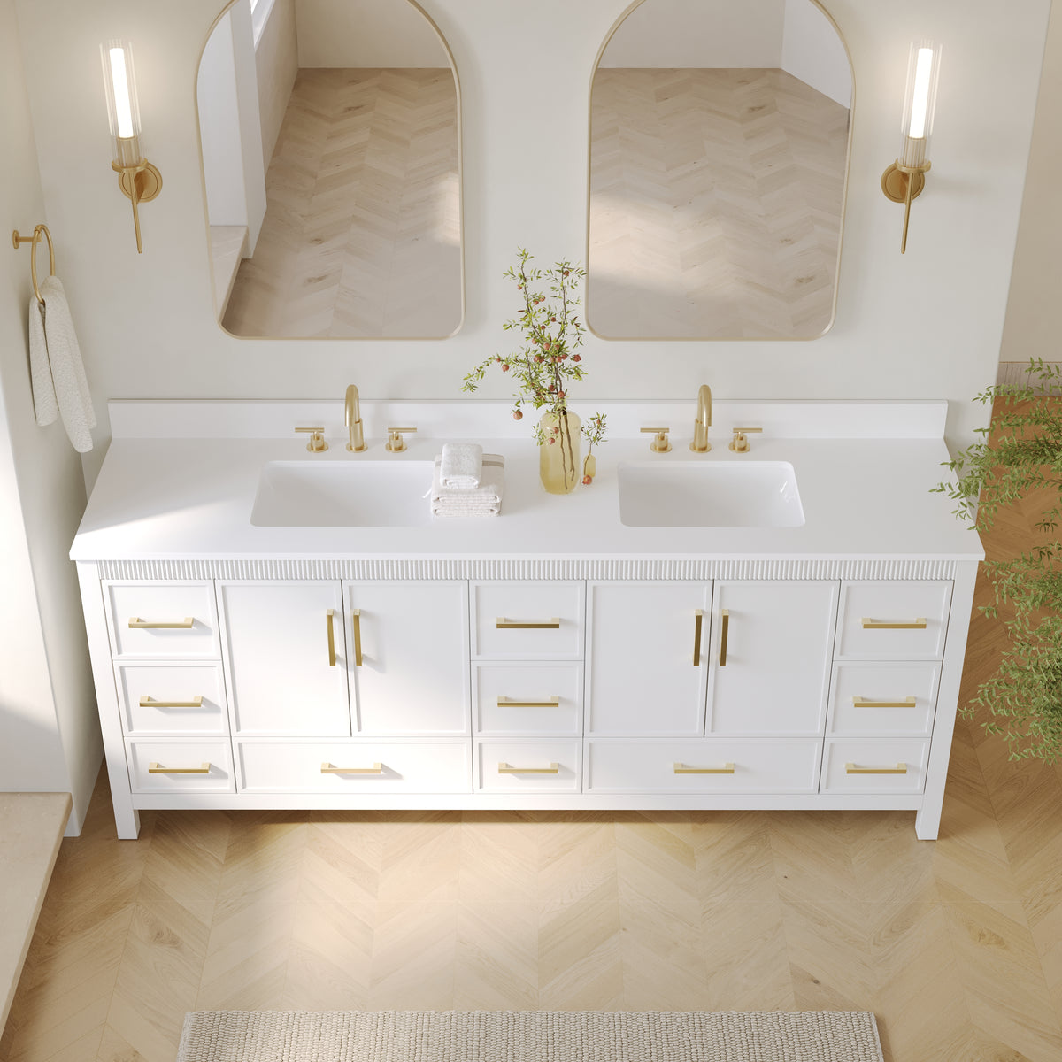 84 Inch Freestanding Solid Wood Bathroom Vanity with Pure White Quartz Countertop, 4 Soft-Close Doors & 11 Dovetail Drawers, White