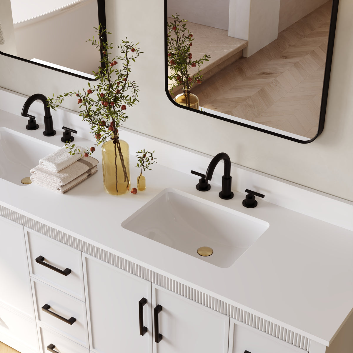 84 Inch Freestanding Solid Wood Bathroom Vanity with Pure White Quartz Countertop, 4 Soft-Close Doors & 11 Dovetail Drawers, White